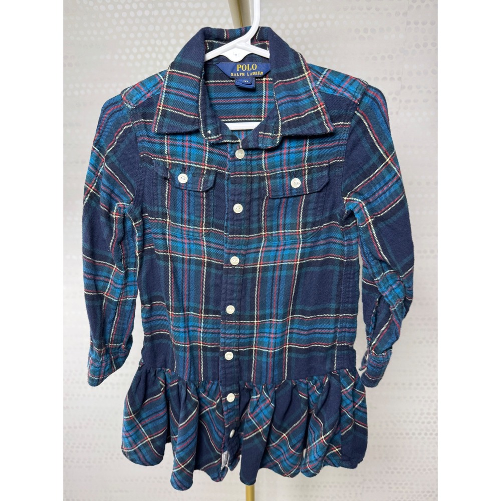 Polo Ralph Lauren Girls Plaid Ruffle Hem Shirt Dress 3/3T Blue Green Tartan